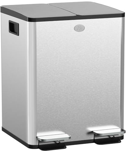 HOMCOM Pattumiera Differenziata 2 Scomparti 20L da Cucina a Pedale, Cestino Spazzatura con 2 Coperchi a Chiusura Silenziosa in Acciaio Inox e PP, 45.8x36x51.6 cm, Argento