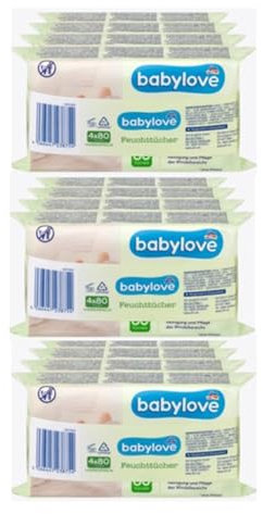 Babylove Feuchttücher 960 Tücher, ohne Alkohol, Vegan, mit Aloe vera & Kamille-Extrakt (12 x 80 Stück)