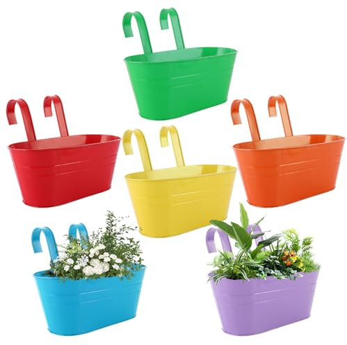 SHUESS 6 Pcs Iron Hanging Flower Pots - Balcony Planters for Railing with Detachable Hook - Metal Hanging Plant Pots Outdoor for Fence Balcony Garden, Assorted Colour