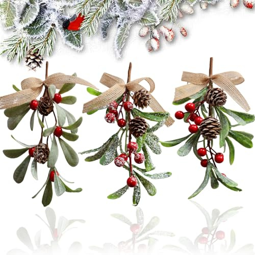 Confezione Da 3 Vischio Natalizio Artificiale, Vischio Artificiale Per Feste Di Natale, Vischio Artificiale Con Bacche, Utilizzare Per Decorazioni Natalizie Fai-Da-Te, Creare Un'Atmosfera Festosa.