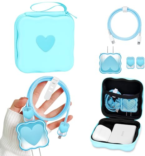 DiyGody Estuche Organizador con Kits de Protección Cable Cargador Compatible con iPhone, Protector Cargador con Diseño de Corazón Azul, Organizador Impermeable de Cargador USB Cables Auriculares