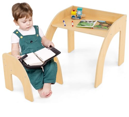 COSTWAY Set Tavolo e Sedie per Bambini 3+ Anni, Tavolino Legno con Sedie per Cameretta con Bordo Curvato e Ampio Piano, Mobile Salvaspazio per Camera da Letto, Soggiorno e Asilo (Naturale)