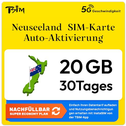 SIM Nuova Zelanda | Piano Super Economy Ricaricabile 20GB! Attivazione automatica, validità 30 giorni | Velocità 5G + Hotspot | Solo Dati Nessun Numero di Telefono