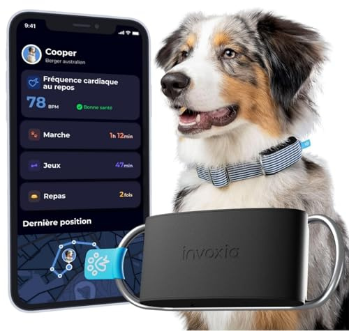 Invoxia Minitailz - Rastreador de Salud y GPS n.° 1 para Perros - Alertas antiescape, escaneo respiratorio, ubicación en Tiempo Real, Recargable por USB, Zona Virtual y Cerca