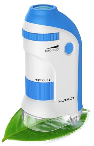 HUTACT Microscopio Portatil para Niños con Juego de Portaobjetos: 60x-135x Mini Microscopio LED de Bolsillo Regalo Educativo Infantil para Estudiantes Adultos Observación Microbiológica