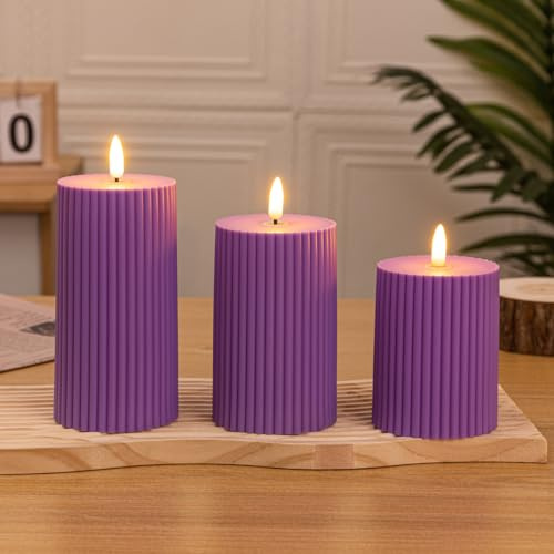 Lonkenn 3 Pièces Bougies LED Flamme Vacillante, Bougies Sans Flamme Vacillantes, Fonctionne avec Piles pour La Maison Décorations de Noël Mariage Pâques Decoration - Violet (5.3cm x 6.8, 8.8, 10.8cm)