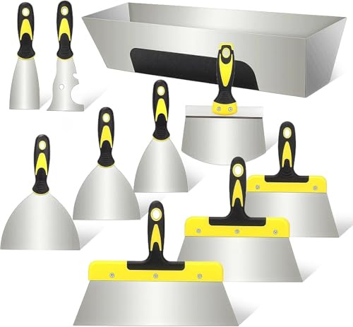 10 Pièces Spatule Enduit, Couteau A Enduire En Acier Inoxydable, Kit D'outils Manuels pour Cloisons Sèches, Multifonctions Spatule Mastic, Truelle à Plâtre, Grattoir à Seau et un Bac Enduit