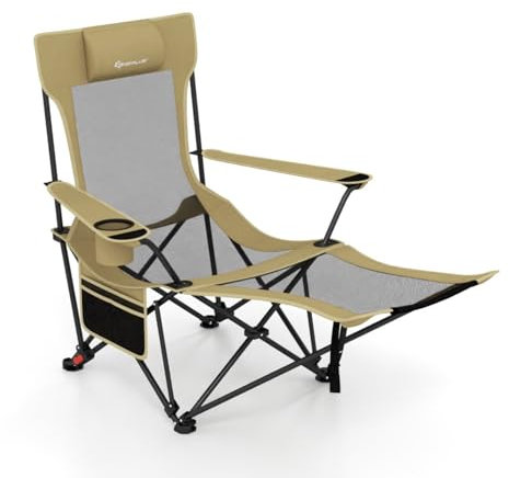 COSTWAY Campingstuhl mit Abnehmbarer Fußablage, klappbarer Angelstuhl mit Verstellbarer Rückenlehne, Kopfstütze, Getränkehalter & Seitentasche, Klappstuhl, Faltstuhl für Camping, Angeln (Khaki)