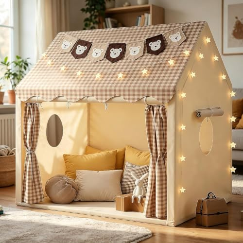 Tenda per bambini con luci a stella e borsa tote, tenda da gioco per bambini per interni ed esterni, lavabile, tenda tepee per ragazze, casa giochi per bambini, mobili per la stanza dei giochi (beige)