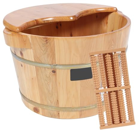 Palangana para Remojar los Pies de Madera, Cubo para Invierno | Uso Doméstico, Gran Capacidad, Color Caqui, No Filtra Agua, Incluye Masajeador y Tapa