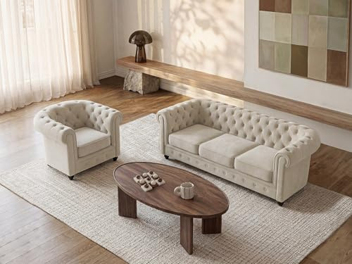 Vente-unique - Sofa 3-Sitzer & Sessel - Samt - Beige - Chesterfield