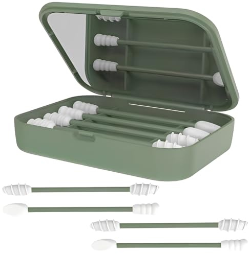 AEKZOX Lot 4 Coton Tige Réutilisable Silicone pour Nettoyage Oreille Bebe Adulte Bâtonnet Lavable pour Maquillage avec Étui Miroir