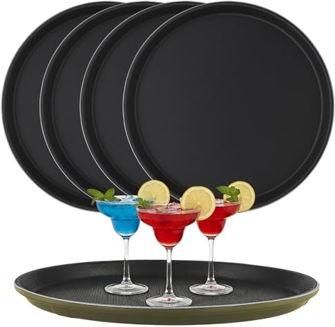 YIXNSW Lot de 5 plateaux de service ronds de 28 cm - Noir - Avec pieds en caoutchouc antidérapants - Pour restaurant, café, bar