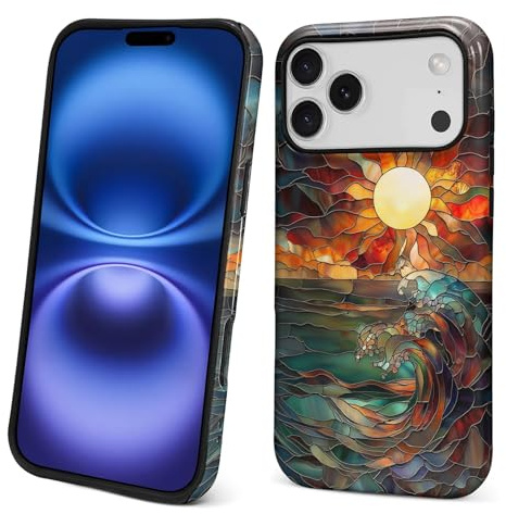 Flivro Case for iPhone 17 Pro Max, 2 in 1 PC Hard Shell Silicone Inner Bumper Anti-Scratch Full-Body Cover Shockproof Slim Design Stained Glass Sun Waves