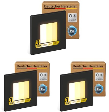 ledscom.de 3x LED Treppenlicht/Wandeinbauleuchte FEMA für innen und außen, eckig, schwarz, 80 x 80mm, warmweiß