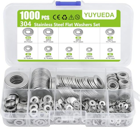 Unterlegscheiben Set,1000 Stück 304 Edelstahl Flache Unterlegscheiben,Beilagscheiben Sortiment für Schrauben, 9 Größen Unterlegscheibe M2 M2.5 M3 M4 M5 M6 M8 M10 M12