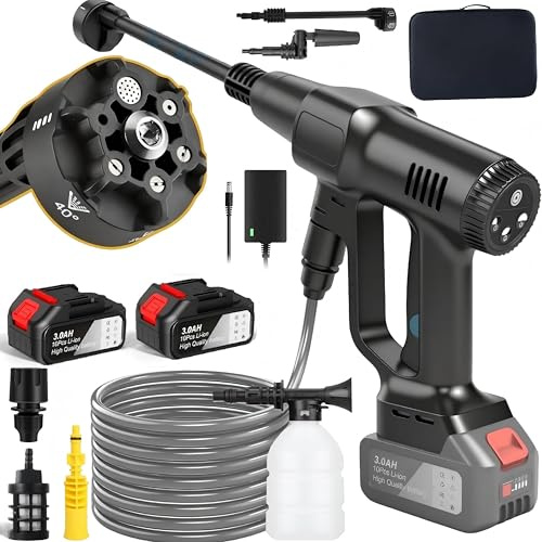 Nettoyeur Haute Pression sans Fil, 21V Max 200 Bar Nettoyeur Haute Pression sur Batterie 6,0Ah, Press & Clean Pistolet de Lavage avec écran LCD de Puissance et 3 Vitesses (Noir)