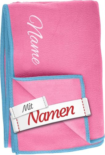 LALALO Playshoes Badetuch mit Namen personalisiert, Microfaser Handtuch Bestickt, 80x160 cm, Pink, leicht für Sport & Schule