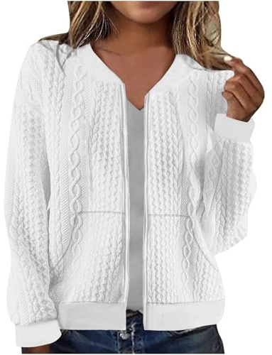 Veste Courte Demi-Saison Pour Femme,Veste Femme Mi Saison Avec Poches Manches Longues Bomber Blouson Jacquard Décontracté Zippée Légère Chic Et Elegant Manteau Couleur Unie Casual Sweatjacke