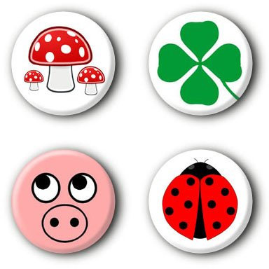 der-buttonshop 4 Glück Buttons Kleeblatt Marienkäfer Fliegenpilz Happy Pins Ansteckbuttons Anstecker(2,5cm)