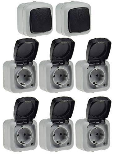 Feuchtraum Steckdosen Lichtschalter Set 8-teilig IP44 6x Steckdose 2x Schalter I Aufputz Montage I 230V I Klappdeckel mit FederAutomatik I Grau