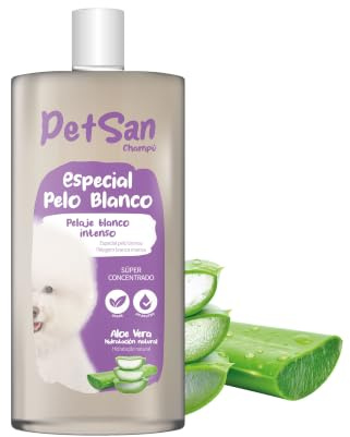 PetSan Champú Especial Pelo Blanco con Aloe Vera para Perros, pH Neutro, Pelaje Blanco Intenso y Brillante, con Fragancia a Talco, 750ml