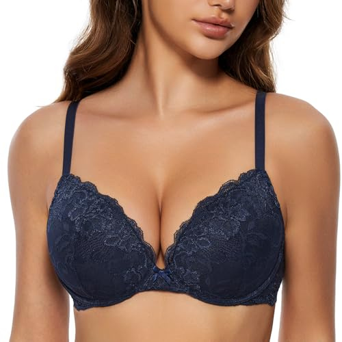 WingsLove Women's Push up Bra Floral Lace Padded Underwire Bra Demi Plunge (Navy Blue 34C)