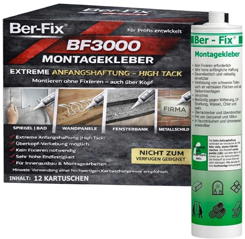 Ber-Fix Montagekleber nur Kleber extra stark weiß 12er Pack | Montagekleber nur Kleber weiß 12er Pack: Montagekleber für Kleben statt Bohren: geeignet für Leisten, Platten