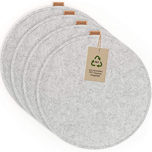 Miqio Design sittdyna rund av filt med halkfria spännen | hållbar från återvunna PET-flaskor | ø35 cm | set om 4 | tvättbara stolkuddar halkfria | sittdyna för bänkar och stolar | ljusgrå