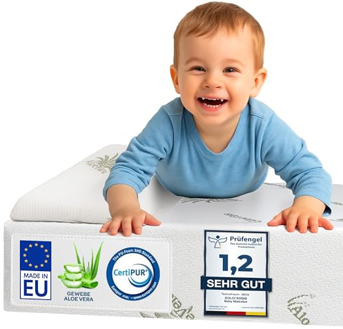 DOLCI SOGNI Matratze 60x120 cm für Babybett und Kinderbett mit Kissen, Atmungsaktive Babymatratze mit Aloe Vera Bezug, Oeko-TEX® & CertiPUR™, 14 cm Höhe