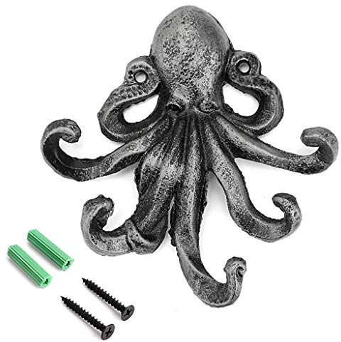 BSTKEY Cast Iron Octopus 5 Tentacles Decorative Wall Hook - Rustic Towel Hook Key Coat Rack (Silver)