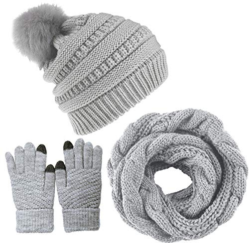 CheChury Damen Kombi Set Schal Mütze Set Loop Schal Gestrickt Beanie Strickmütze Fleece Bommelmütze Pompon Touchscreen-Handschuhe Strick mit Kreis Geschenkset für Frauen