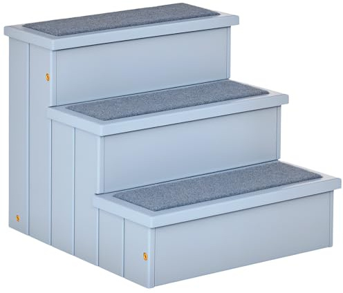 PawHut Dog Steps for Bed Sofa, 3 Step Wooden Dog Stairs for Sofa, Pet Stairs with Storage for Small Cats and Puppy, Grey