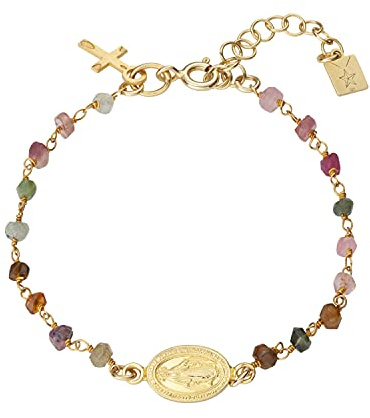 Kokomorocco - Pulsera religiosa rosario - Medalla de la Virgen Milagrosa - Detalles para la comunión - Cadena rosario ajustable - Piedras semipreciosas Turmalinas - Plata vermeil