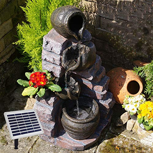 Gartenbrunnen Brunnen Zierbrunnen Zimmerbrunnen mit Beleuchtung Wasserfall Wasserspiel für Garten, Gartenteich, Terrasse, Teich, Balkon Sehr Dekorativ - Hybrid Solarbetrieb