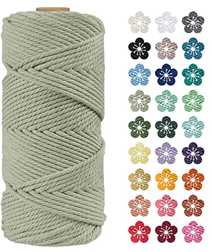 LEREATI Macrame Cord 4mm x 100m, Thick Macrame Rope Natural Cotton Rope Craft String, 4 Strand Twisted Cotton Cord Yarn for DIY Plant Hanger, Wall Hanging, Christmas Decoration (Bean green)