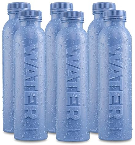 Bottle Up Reusable BPA Free Water Bottle 500ml (6 Pack) — Prefilled With Pure Still Water | Plant-Based Sports Bottle Made From Cane Sugar (Stone Blue)