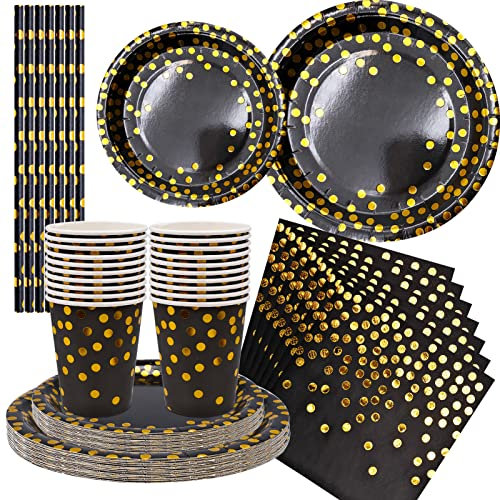 80 Pcs Black and Gold Dot Party Tableware Supplies , Disposable Paper Party Dinnerware Set Included Plates Cups Straws Napkins ,for Birthday, Graduation,Cocktail,Anniversary Celebration (20 Guests)