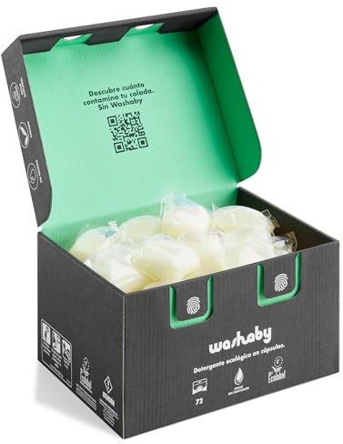 Washaby - Detergente Ecológico Lavadora | 72 cápsulas I Certificado Ecolabel de la UE I Cero Residuos y Sin Plásticos I Detergente Lavadora Ecológico Ropa Blanca y Color I Fragancia Floral