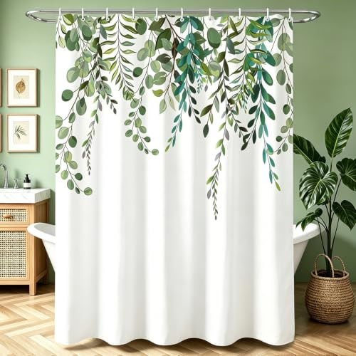Lerores Duschvorhang 240x200cm Grün Blätter, Beschwerter Saum Antischimmel Textil, Wasserabweisend, Waschbar Polyester Badevorhänge mit 16 Ösen und Duschvorhangringe für Badezimmer,