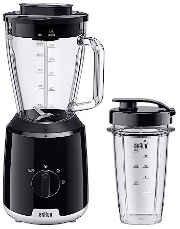 Braun PowerBlender 1, Batidora con Jarra Triangular en Vidrio, 2 Velocidades, Función de Trituración de Hielo, Botella Smoothie2Go Incluida, JB1051BK, 600W, Negro