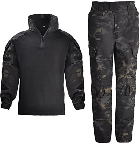 YiLianDa Kinder Frösche T-Shirt Militärhose Sets Tarnung Airsoft Taktisch Militär Langarm Camo Armee Top + BW Feldhose Outdoor Camping Uniform Junge Mädchen Schwarzer CP 140