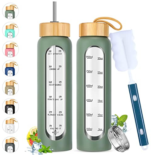 SipZest 32 oz Glass Water Bottles with Straw - Motivational Bottle with Time Marker & Silicone Sleeve - Reusable Tumbler Includes 2 Bamboo Lids & Fruit Infuser - 1 Pack