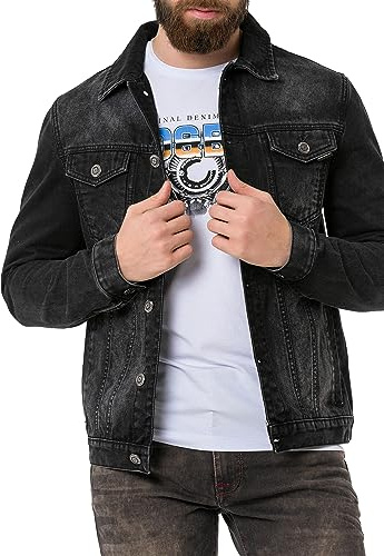 Cipo & Baxx herrjeans, jacka, övergångsjacka, bomull med fickor och herrläderjacka med avtagbar huva, konstläder, bikerjacka, svart, XXL