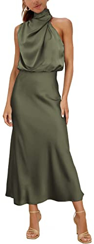 MIRGLER Vestido largo formal de satén con cuello de pico para mujer, elástico, de cintura alta, ideal para invitadas de boda, cóctel, fiesta de noche, Verde militar, S