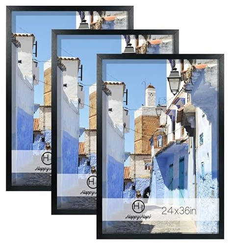 HappyHapi 24x36 Poster Frame, Black Picture Frame for Wall Gallery, Vertically and Horizontally Display Posters, Paintings and Artworks, 3 Pack