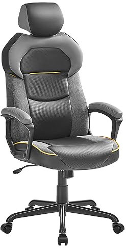 SONGMICS Gaming-Stuhl, Bürostuhl, Schreibtischstuhl, Computerstuhl, PU, verstellbare Kopfstütze, gepolsterte Armlehnen, Wippfunktion, bis 150 kg belastbar, klassikschwarz OBG066B01