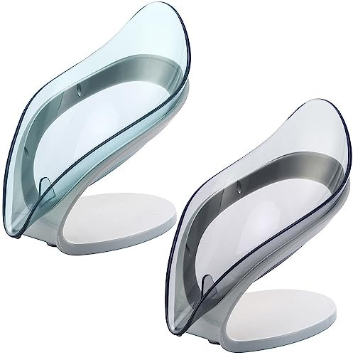 H&W 2Pcs Supporto per Sapone Autodrenante,Portasapone a Ventosa,Supporto per Sapone da Doccia,Supporto per Sapone a Forma di Foglia,Dispenser per Sapone per Doccia,Bagno (Grigio+Blu)