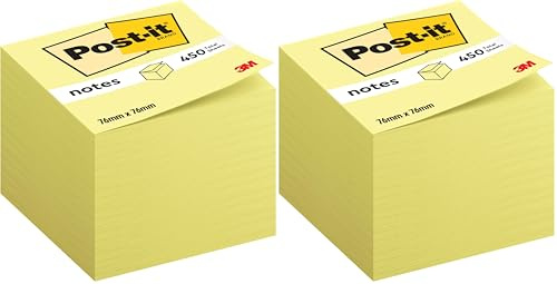 Post-it Haftnotiz-Würfel Kanariengelb, 1 Block mit 450 Blatt, 76 mm x 76 mm, Gelb - Selbstklebende Notizzettel für Notizen, To-Do-Listen und Erinnerungen (Packung mit 2)