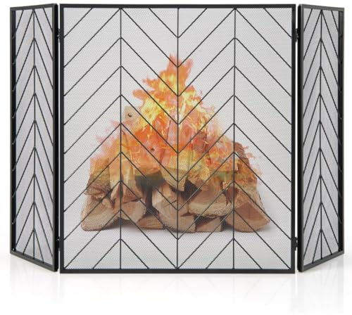 COSTWAY 3 Panel Folding Fire Guard, 133cm Wide Fireplace Screen with Flexible Hinges, Wrought Iron Mesh Spark Fire Panels Fence for Wood and Coal Firing, Stoves, Grills (Black)